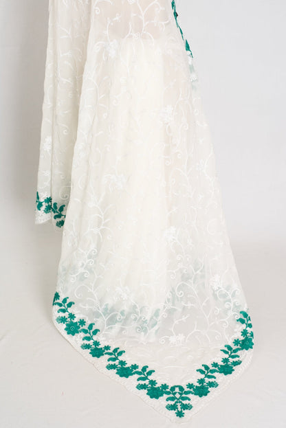 Afrin : Georgette Embroidery Designer Saree in Off White and Green - Saree Mandi