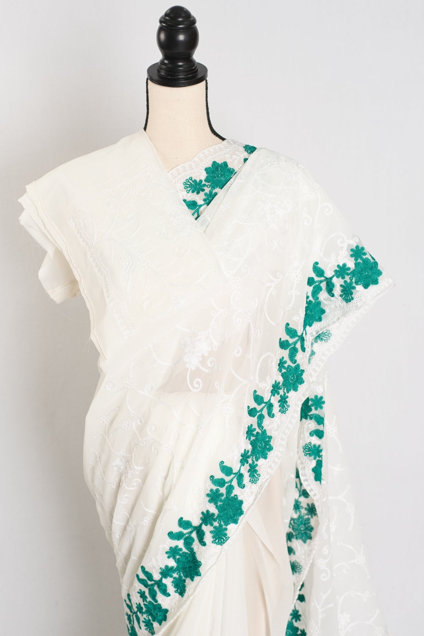 Afrin : Georgette Embroidery Designer Saree in Off White and Green - Saree Mandi