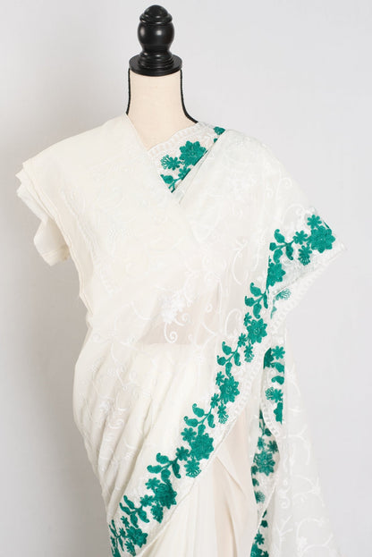 Afrin : Georgette Embroidery Designer Saree in Off White and Green - Saree Mandi