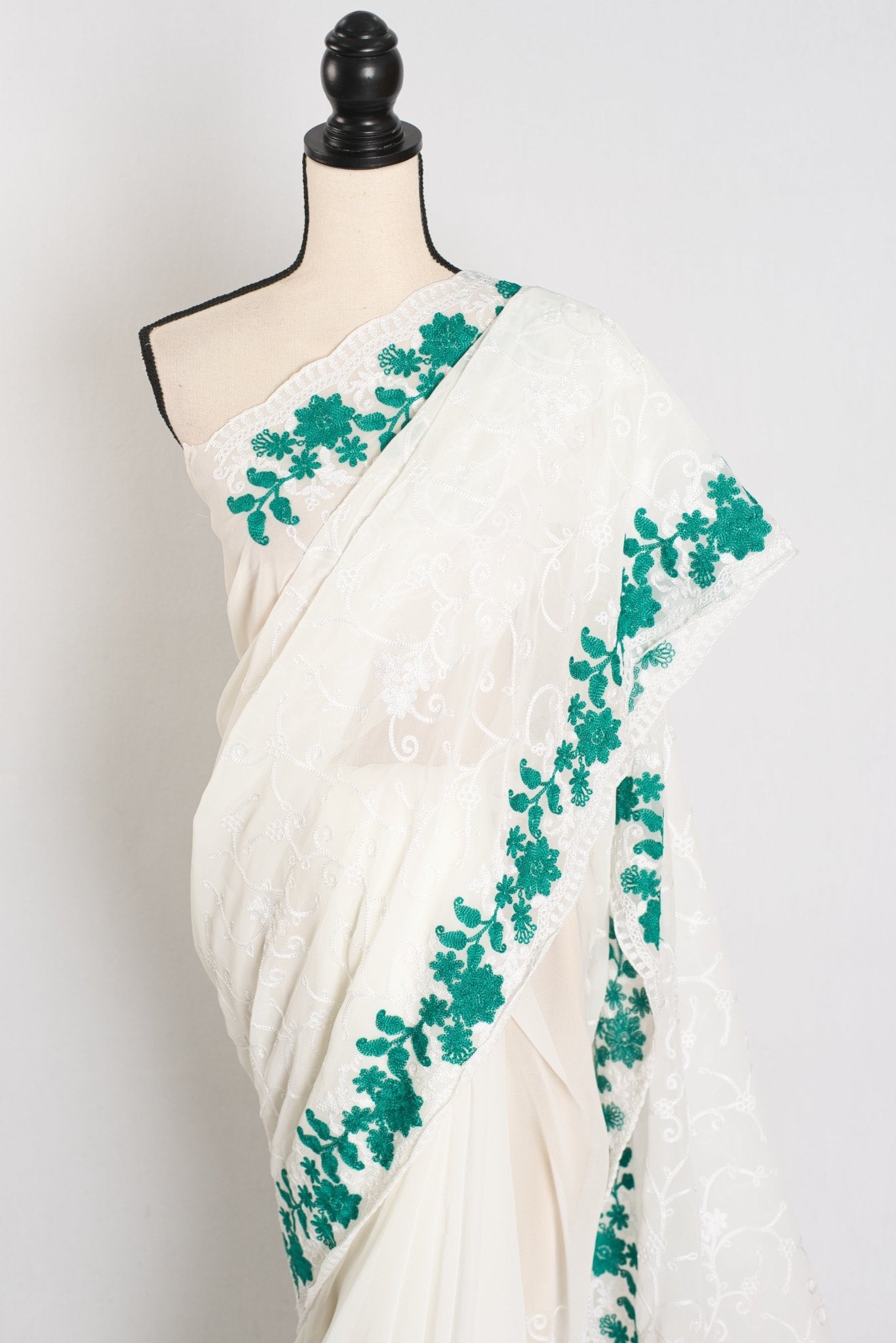 Afrin : Georgette Embroidery Designer Saree in Off White and Green - Saree Mandi