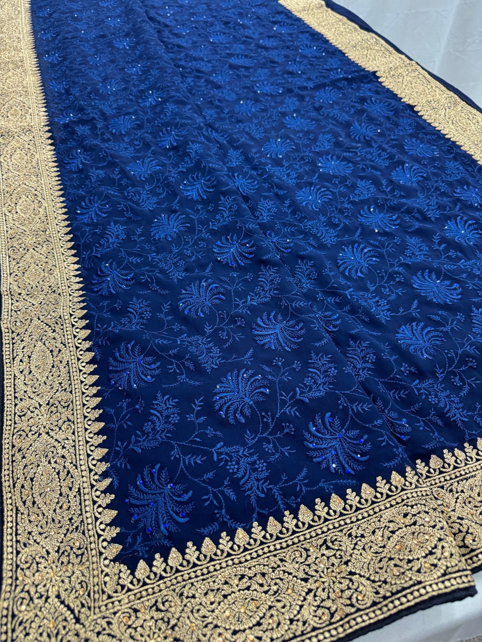 Afrin | Midnight Blue Georgette Partywear Saree | Trending Bollywood Style - Saree Mandi