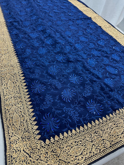 Afrin | Midnight Blue Georgette Partywear Saree | Trending Bollywood Style - Saree Mandi