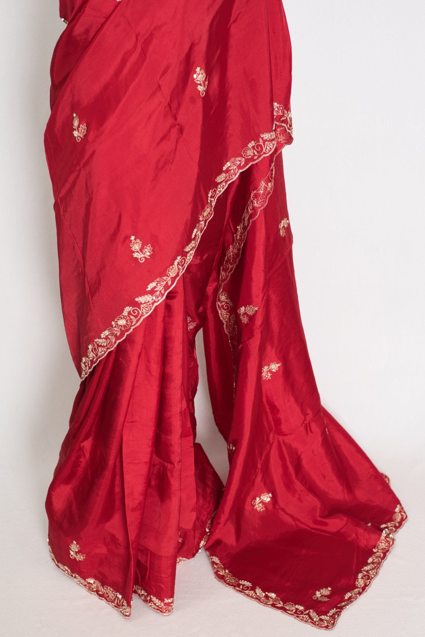 Afrin: Red Semi Satin Saree with Zardosi Hand Embroidery | Partywear - Saree Mandi