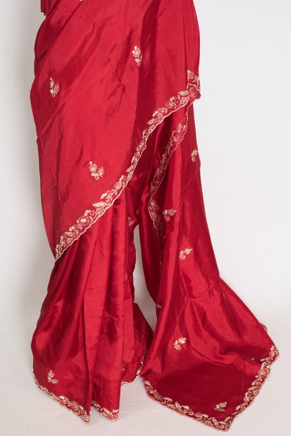 Afrin: Red Semi Satin Saree with Zardosi Hand Embroidery | Partywear - Saree Mandi