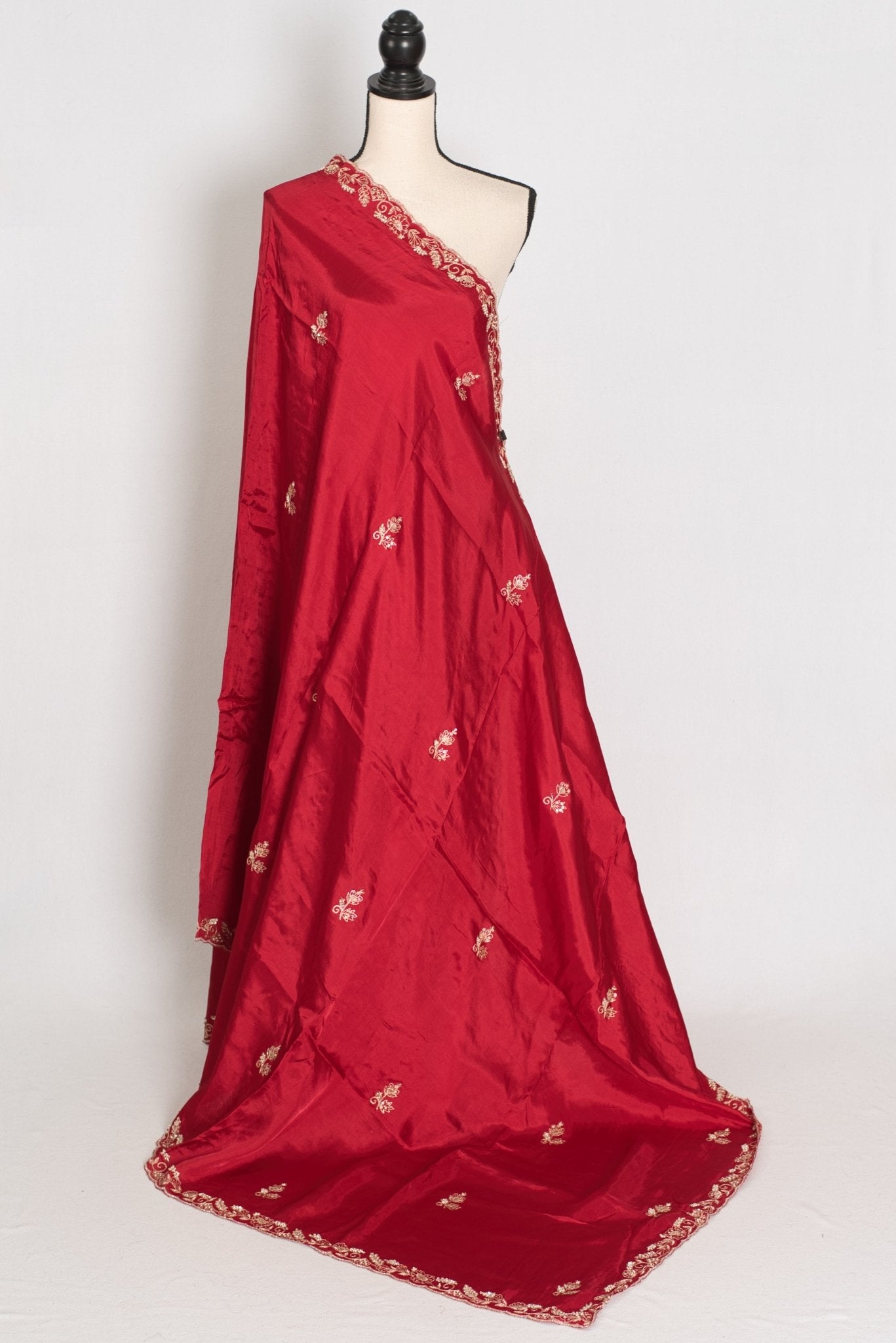 Afrin: Red Semi Satin Saree with Zardosi Hand Embroidery | Partywear - Saree Mandi