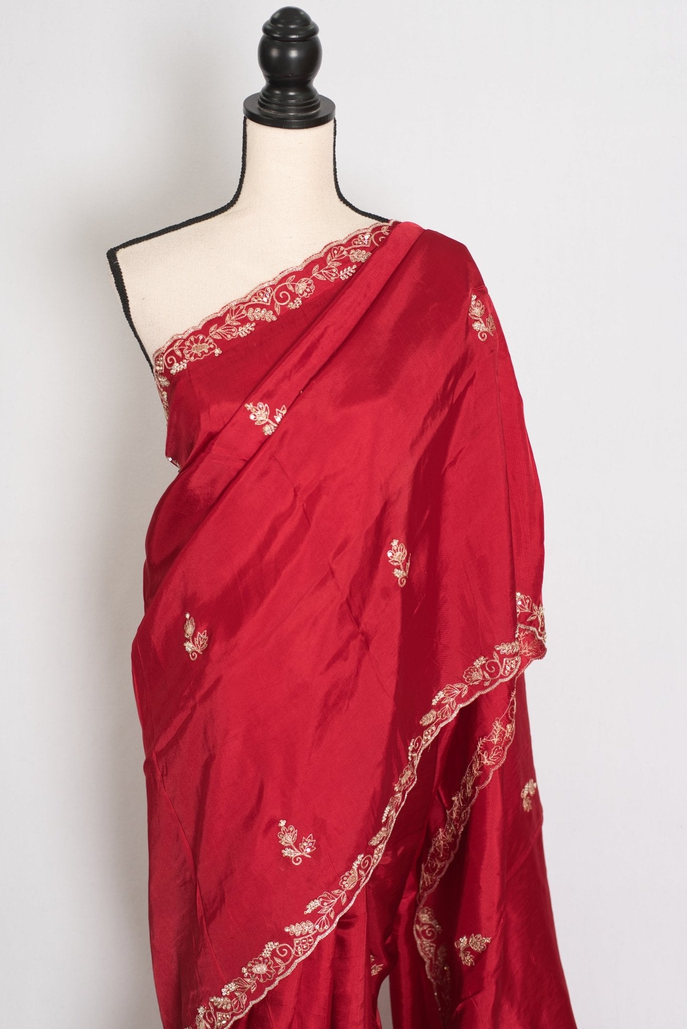 Afrin: Red Semi Satin Saree with Zardosi Hand Embroidery | Partywear - Saree Mandi
