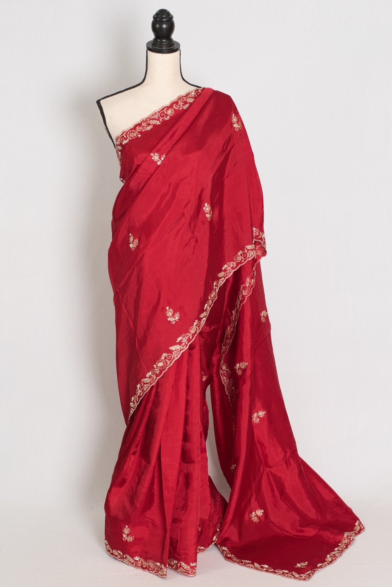 Afrin: Red Semi Satin Saree with Zardosi Hand Embroidery | Partywear - Saree Mandi
