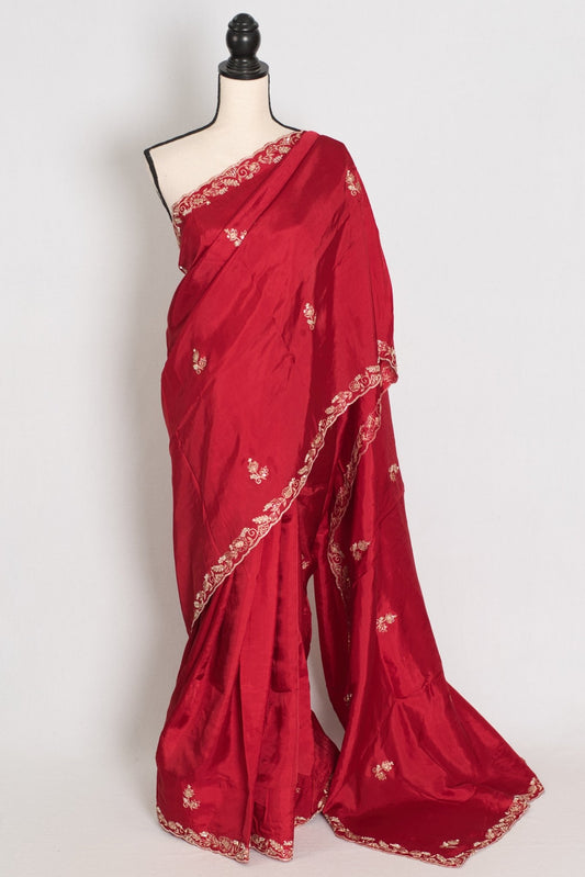 Afrin: Red Semi Satin Saree with Zardosi Hand Embroidery | Partywear - Saree Mandi