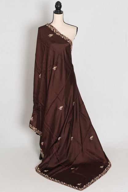 Ahiri: Dark Brown Semi Satin Saree with Zardosi Work | Reception Wear - Saree Mandi