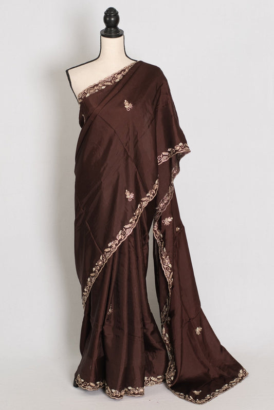 Ahiri: Dark Brown Semi Satin Saree with Zardosi Work | Reception Wear - Saree Mandi