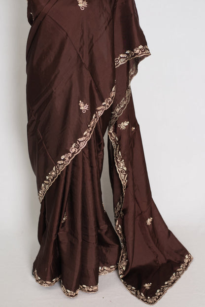 Ahiri: Dark Brown Semi Satin Saree with Zardosi Work | Reception Wear - Saree Mandi