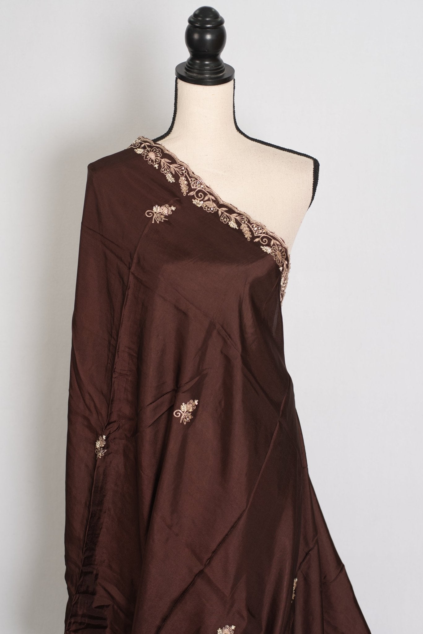 Ahiri: Dark Brown Semi Satin Saree with Zardosi Work | Reception Wear - Saree Mandi