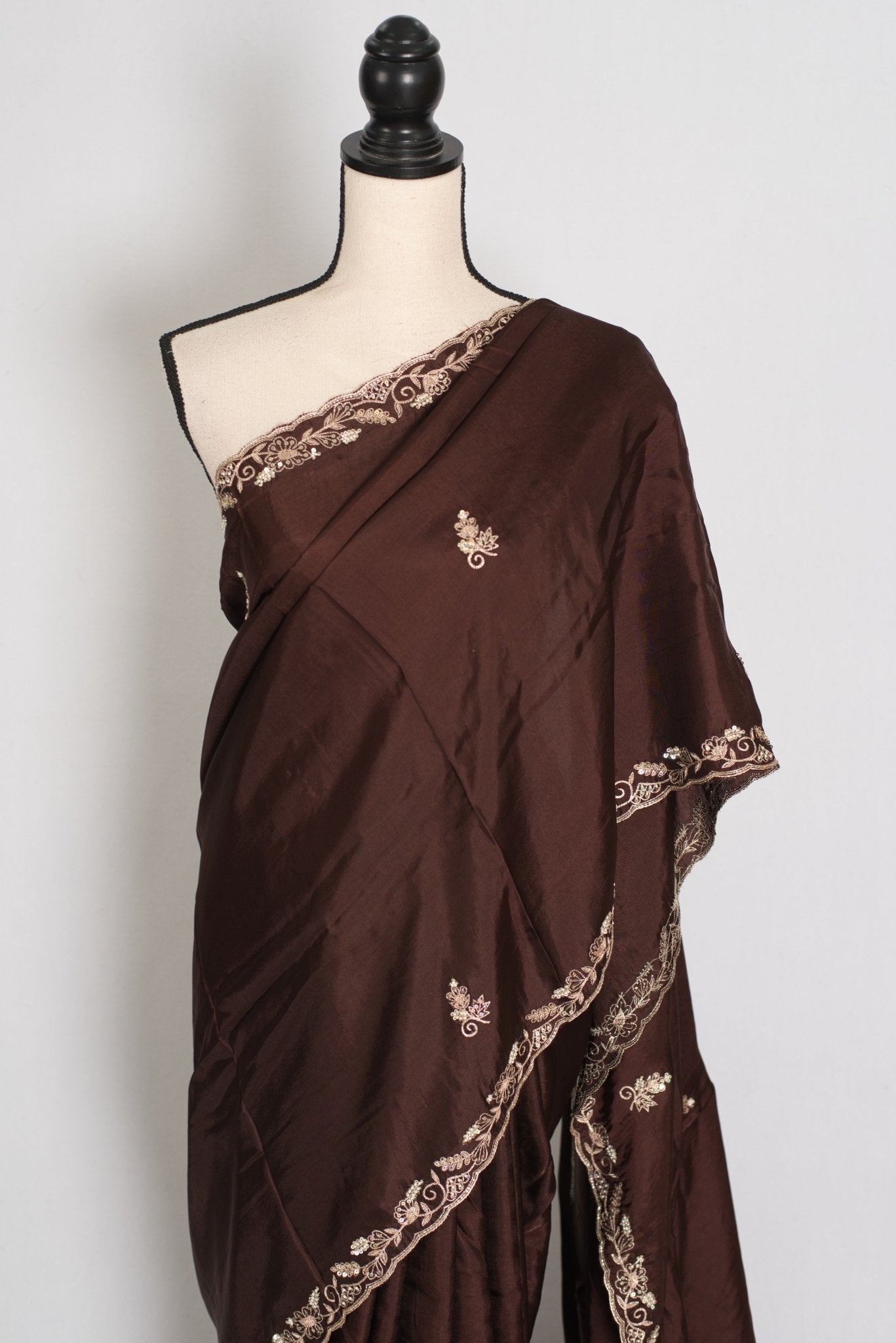 Ahiri: Dark Brown Semi Satin Saree with Zardosi Work | Reception Wear - Saree Mandi