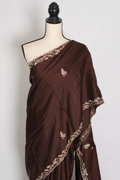 Ahiri: Dark Brown Semi Satin Saree with Zardosi Work | Reception Wear - Saree Mandi