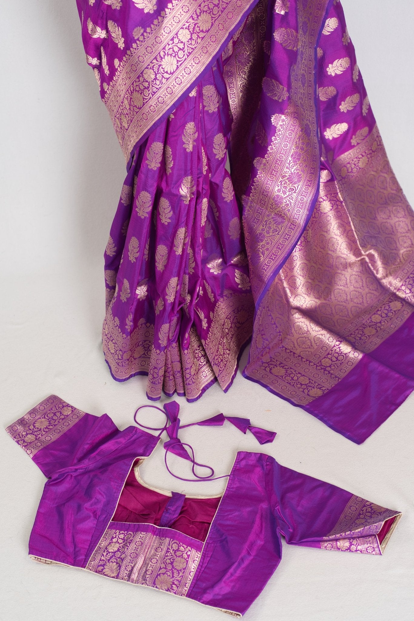 Ambika: Purple & Gold Jangla Banarasi Silk Saree with 38 Size Stitched Blouse - Saree Mandi