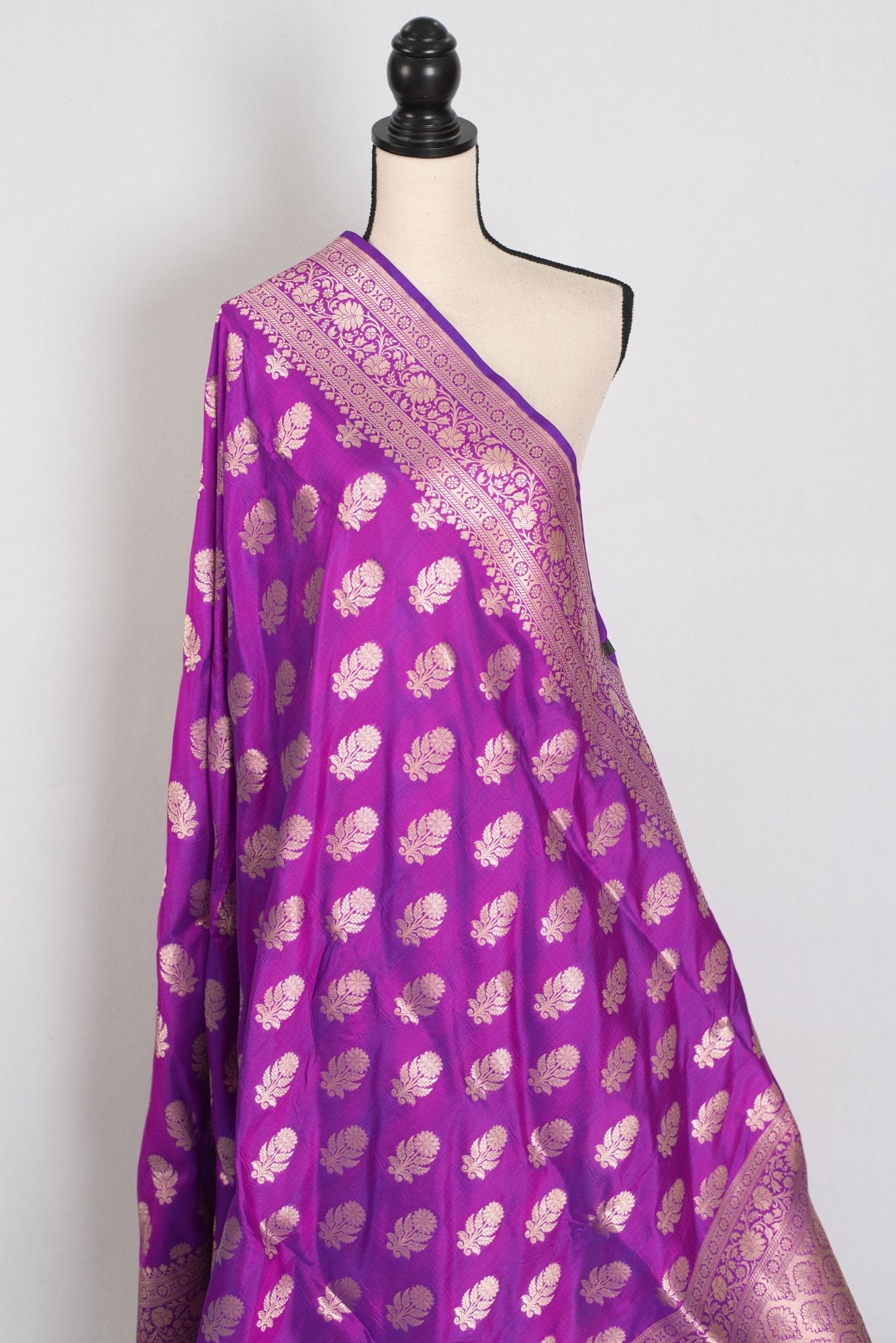Ambika: Purple & Gold Jangla Banarasi Silk Saree with 38 Size Stitched Blouse - Saree Mandi