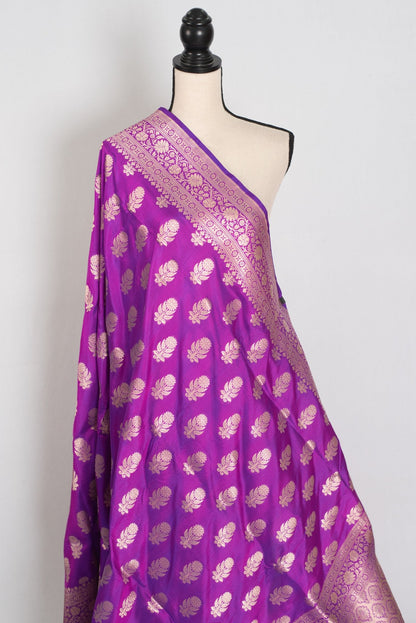 Ambika: Purple & Gold Jangla Banarasi Silk Saree with 38 Size Stitched Blouse - Saree Mandi