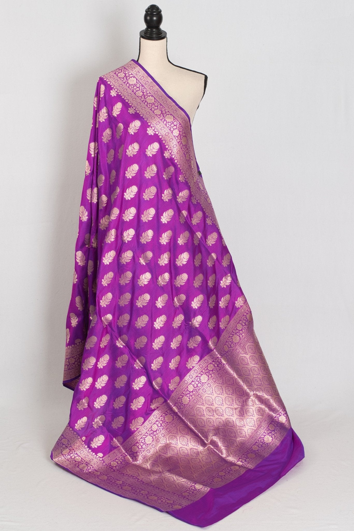 Ambika: Purple & Gold Jangla Banarasi Silk Saree with 38 Size Stitched Blouse - Saree Mandi
