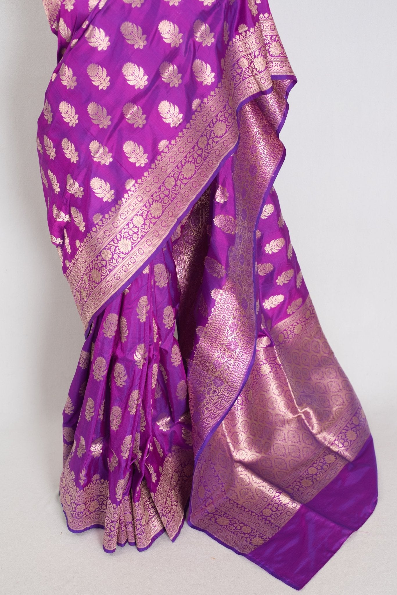 Ambika: Purple & Gold Jangla Banarasi Silk Saree with 38 Size Stitched Blouse - Saree Mandi