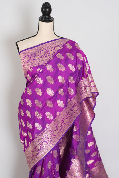 Ambika: Purple & Gold Jangla Banarasi Silk Saree with 38 Size Stitched Blouse - Saree Mandi