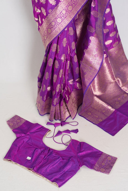 Ambika: Purple & Gold Jangla Banarasi Silk Saree with 38 Size Stitched Blouse - Saree Mandi