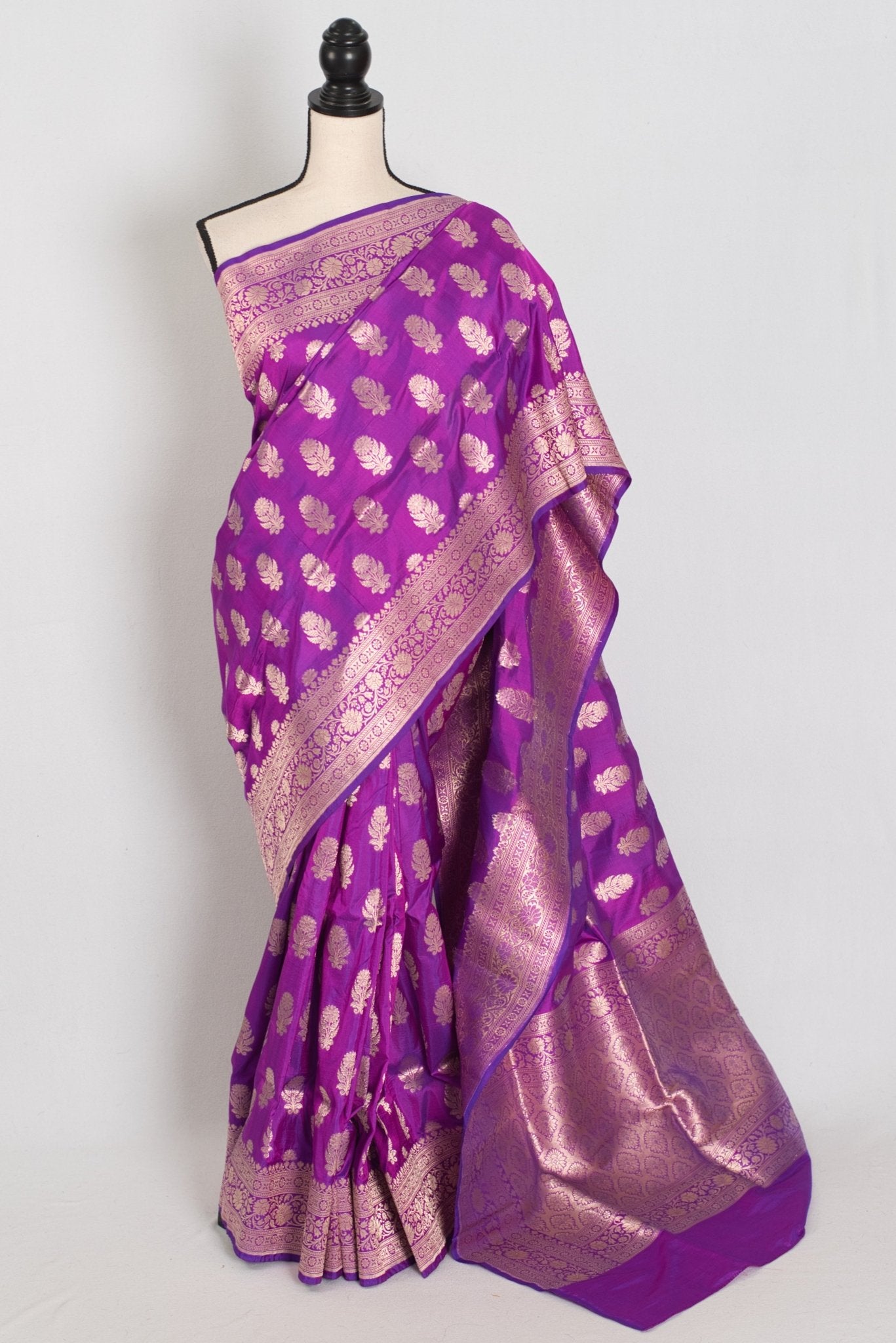 Ambika: Purple & Gold Jangla Banarasi Silk Saree with 38 Size Stitched Blouse - Saree Mandi