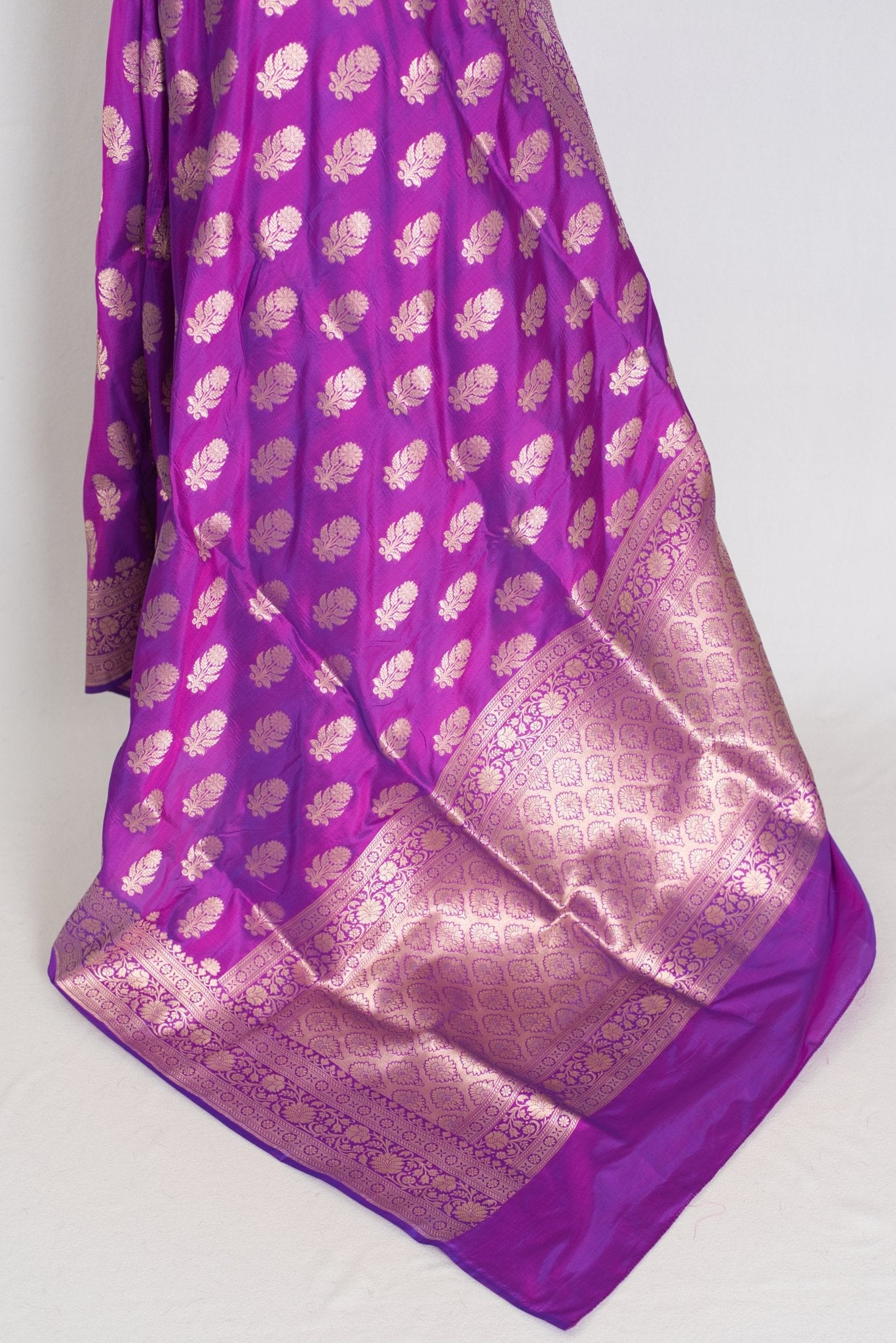 Ambika: Purple & Gold Jangla Banarasi Silk Saree with 38 Size Stitched Blouse - Saree Mandi