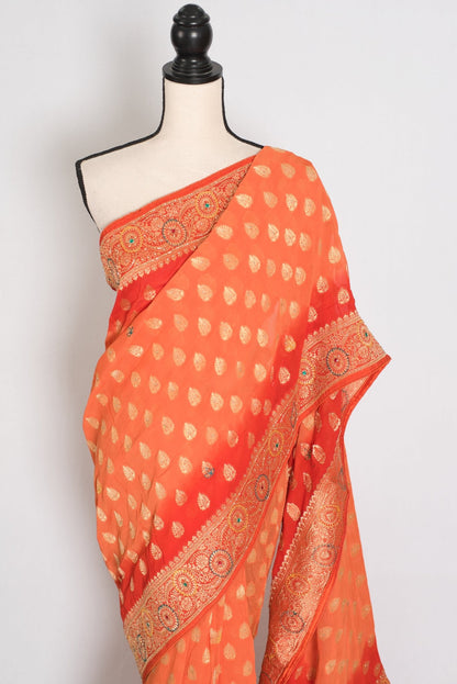 Anisha | Orange Semi Khaddi Georgette Banarasi Saree | Embroidery Work - Saree Mandi