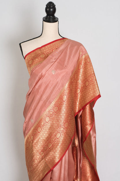 Anisha: Silk Mark Certified Pastel Brown & Red Katan Banarasi Silk Saree - Saree Mandi