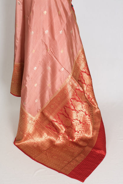 Anisha: Silk Mark Certified Pastel Brown & Red Katan Banarasi Silk Saree - Saree Mandi