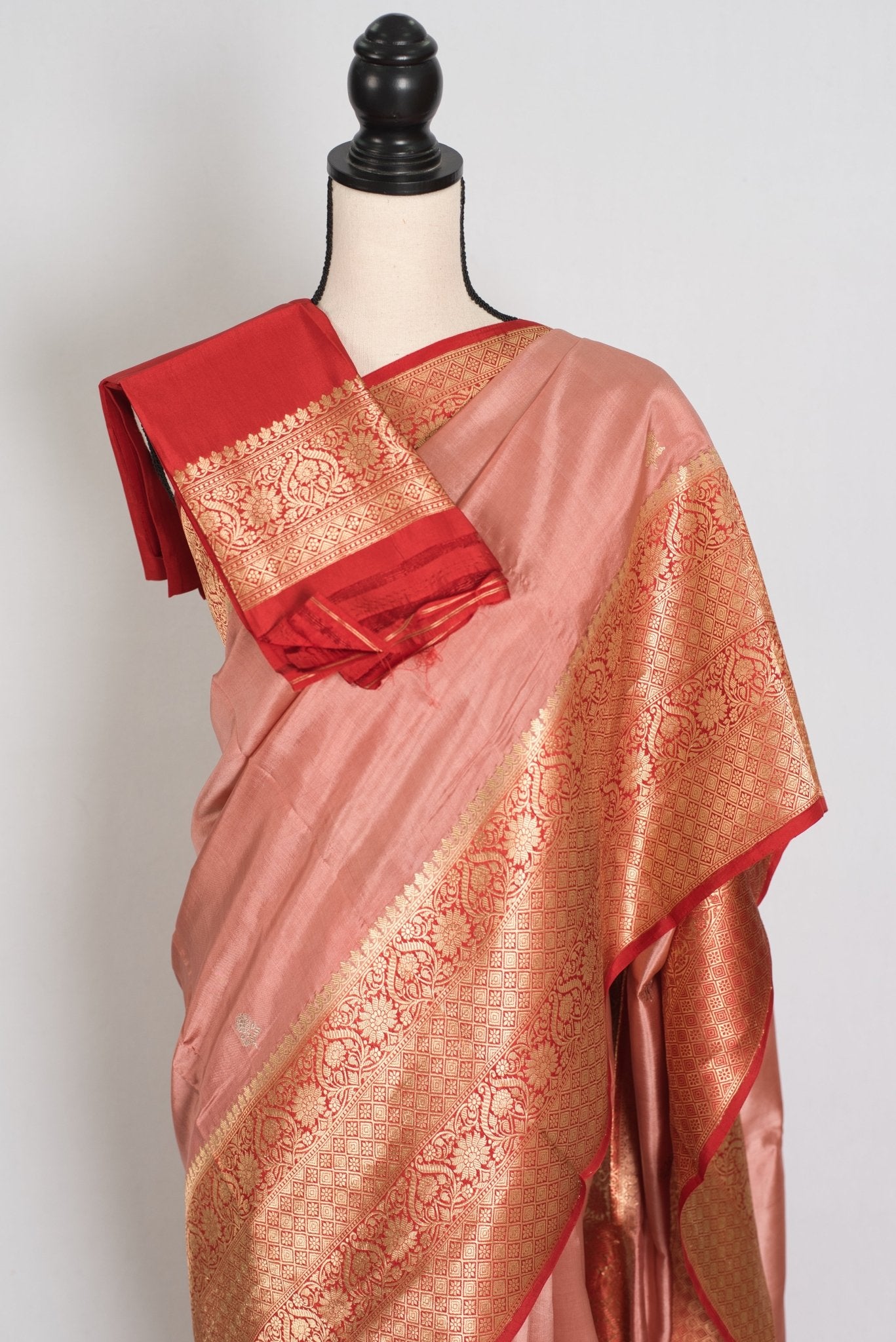 Anisha: Silk Mark Certified Pastel Brown & Red Katan Banarasi Silk Saree - Saree Mandi