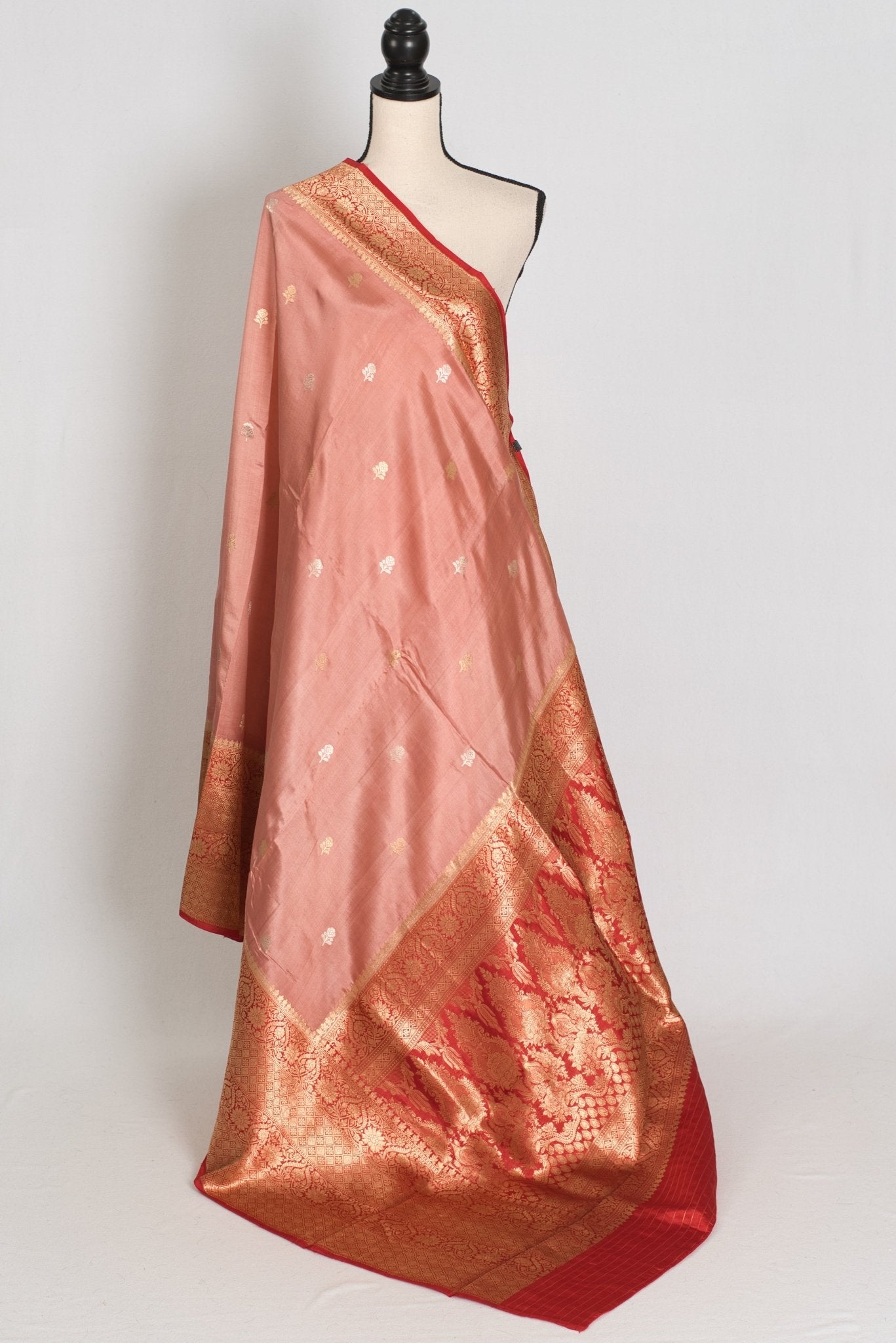 Anisha: Silk Mark Certified Pastel Brown & Red Katan Banarasi Silk Saree - Saree Mandi