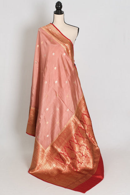 Anisha: Silk Mark Certified Pastel Brown & Red Katan Banarasi Silk Saree - Saree Mandi
