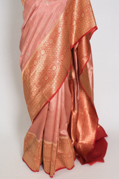Anisha: Silk Mark Certified Pastel Brown & Red Katan Banarasi Silk Saree - Saree Mandi