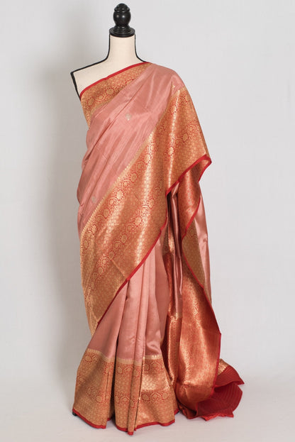 Anisha: Silk Mark Certified Pastel Brown & Red Katan Banarasi Silk Saree - Saree Mandi