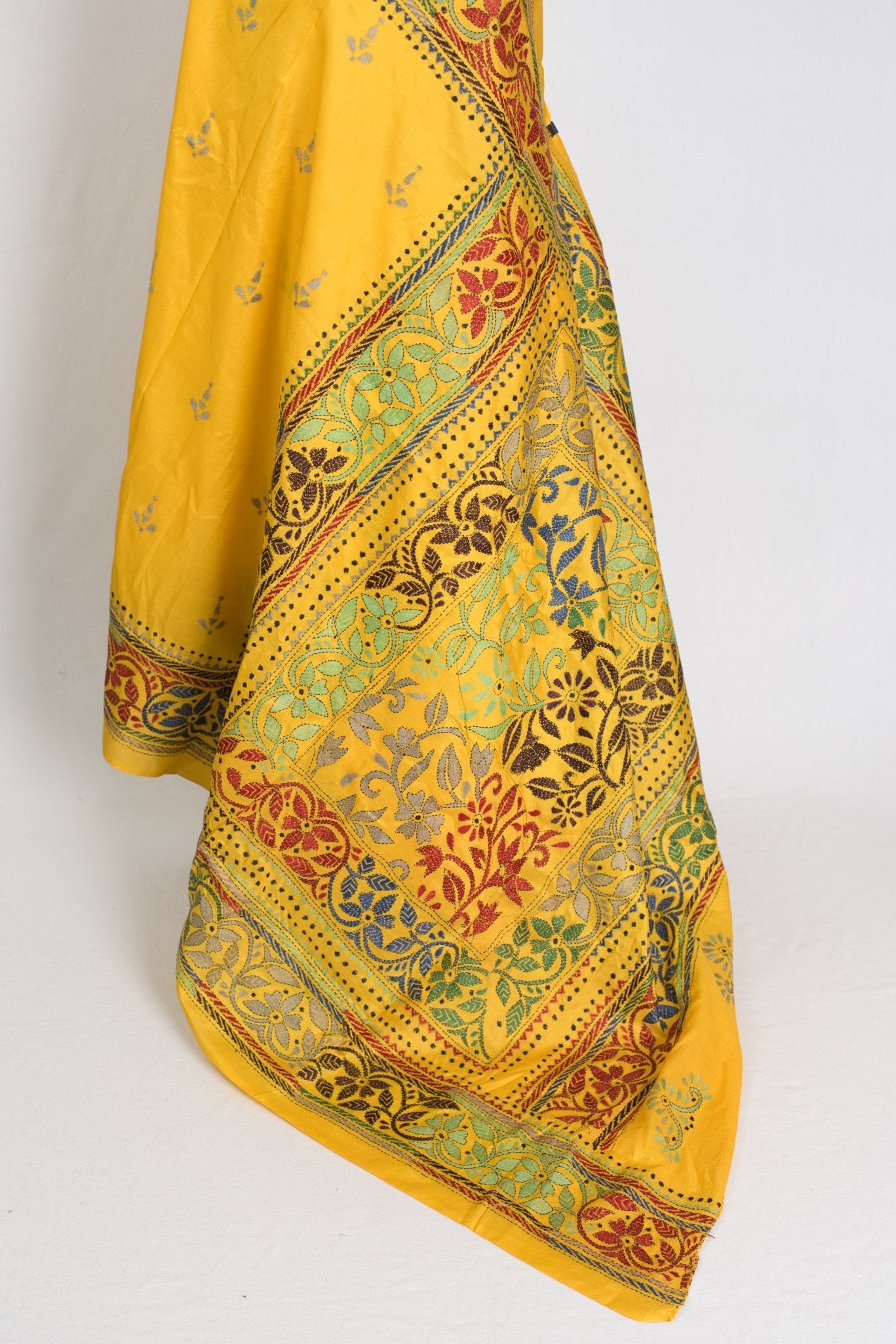 Anwesha : Silk Mark Certified Yellow Hand Embroidery Kantha Stitch Silk Saree - Saree Mandi