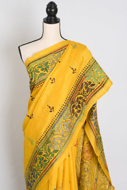 Anwesha : Silk Mark Certified Yellow Hand Embroidery Kantha Stitch Silk Saree - Saree Mandi