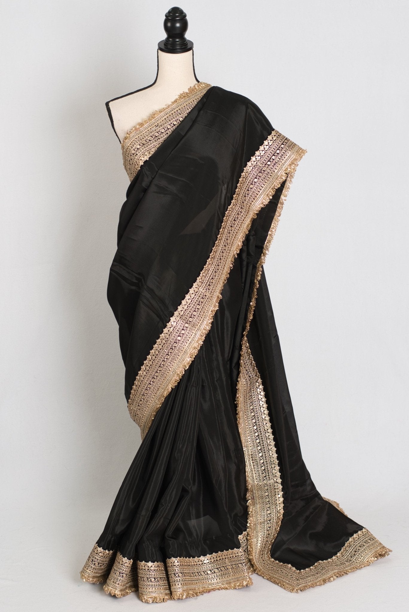 Arifa : Designer Semi Satin Black Partywear Saree with Patched Gold Border - Saree Mandi