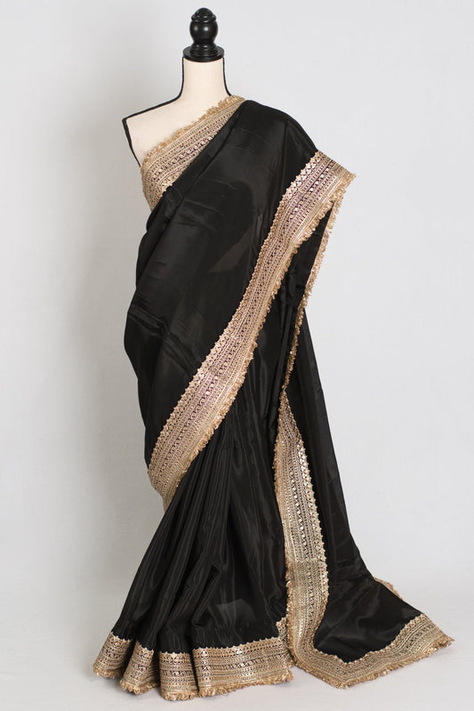 Arifa : Designer Semi Satin Black Partywear Saree with Patched Gold Border - Saree Mandi
