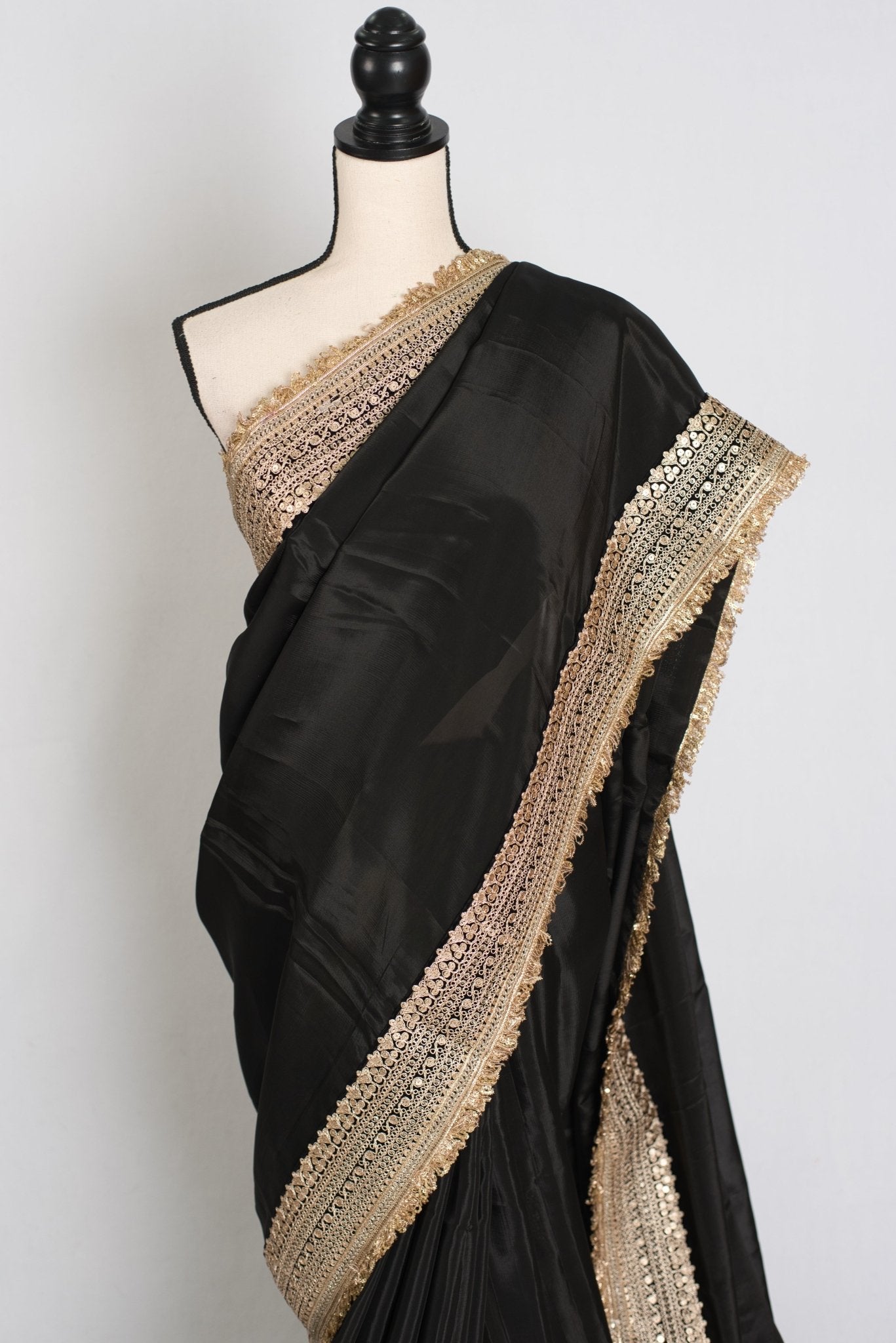 Arifa : Designer Semi Satin Black Partywear Saree with Patched Gold Border - Saree Mandi