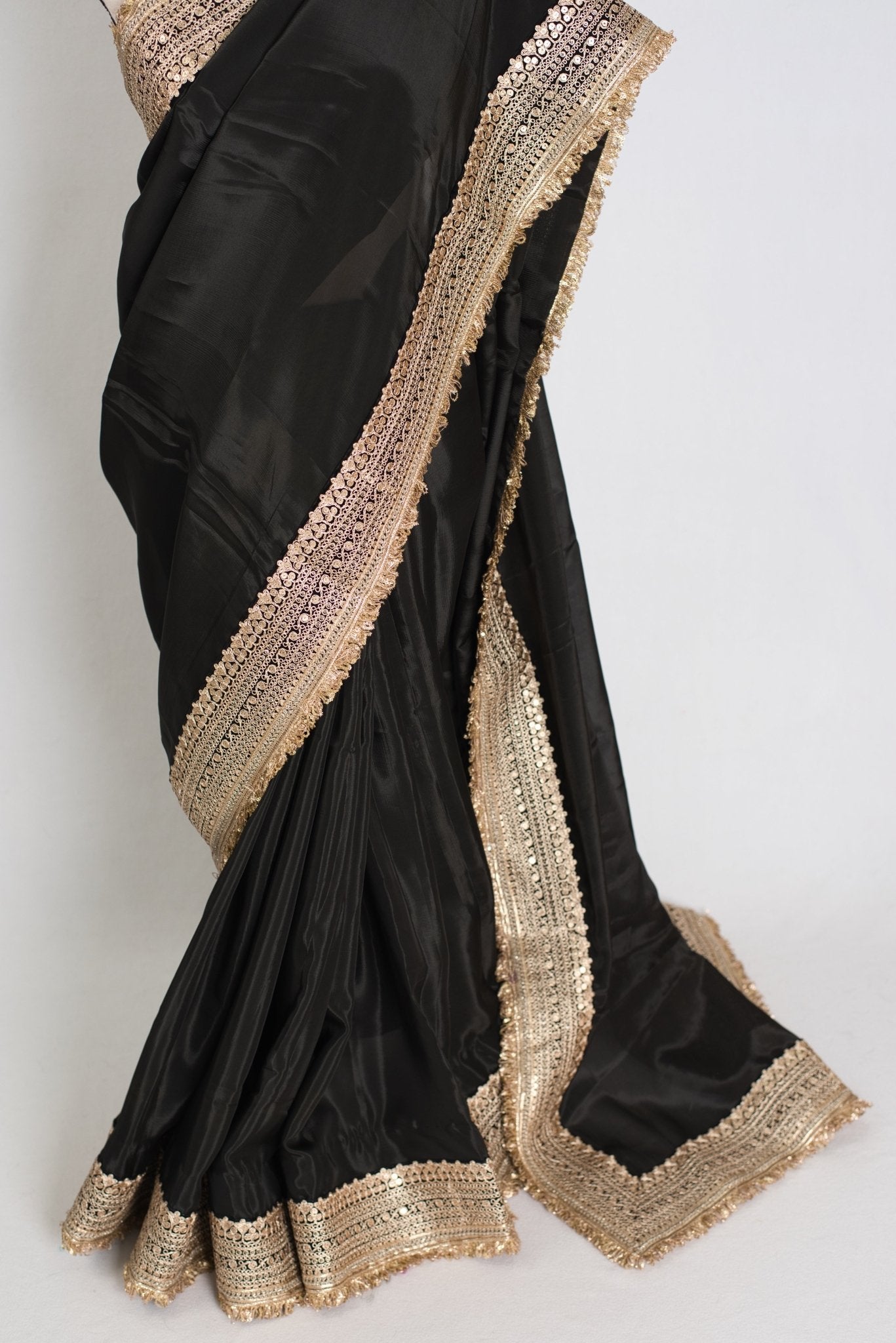 Arifa : Designer Semi Satin Black Partywear Saree with Patched Gold Border - Saree Mandi