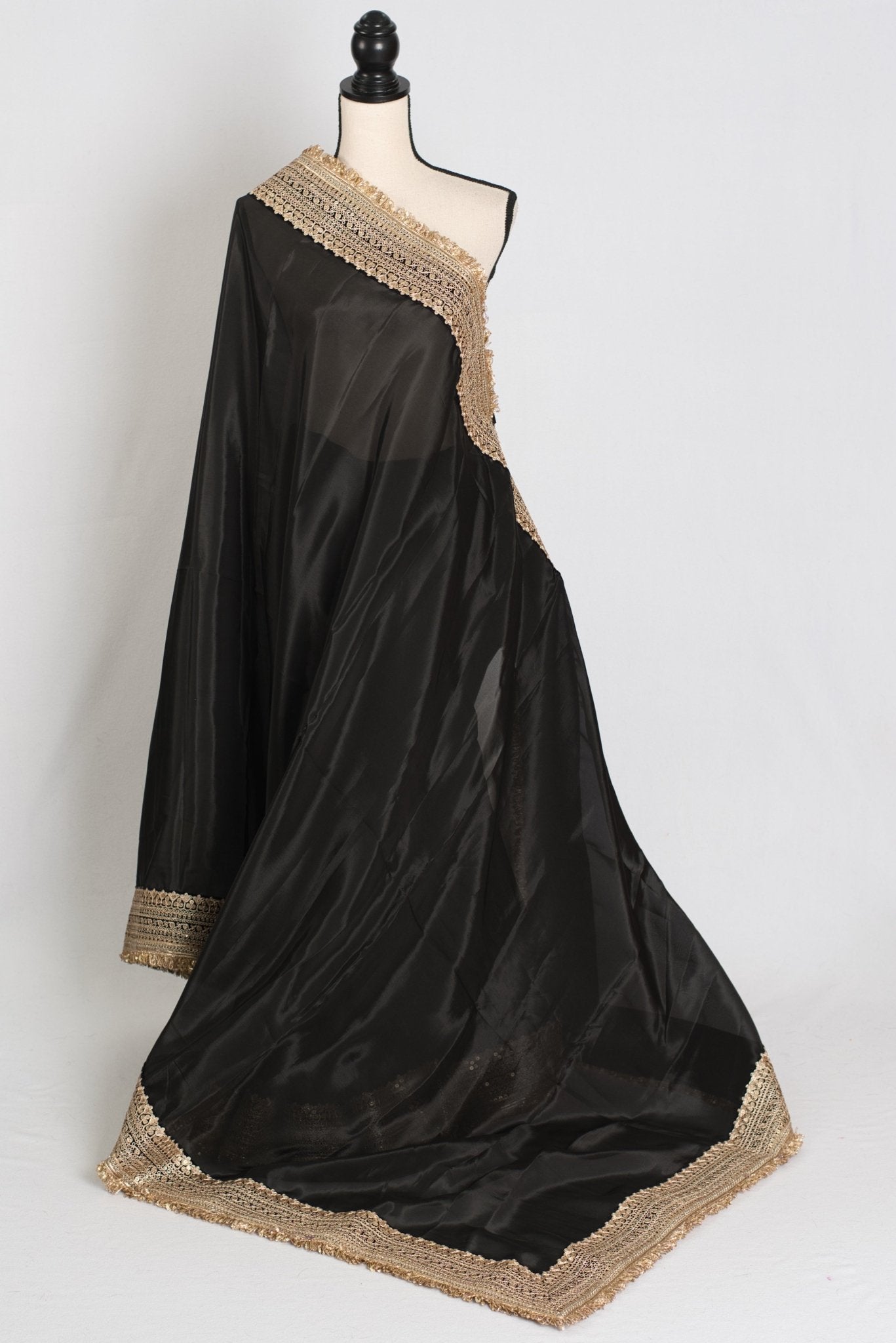 Arifa : Designer Semi Satin Black Partywear Saree with Patched Gold Border - Saree Mandi