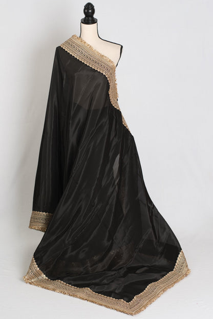 Arifa : Designer Semi Satin Black Partywear Saree with Patched Gold Border - Saree Mandi