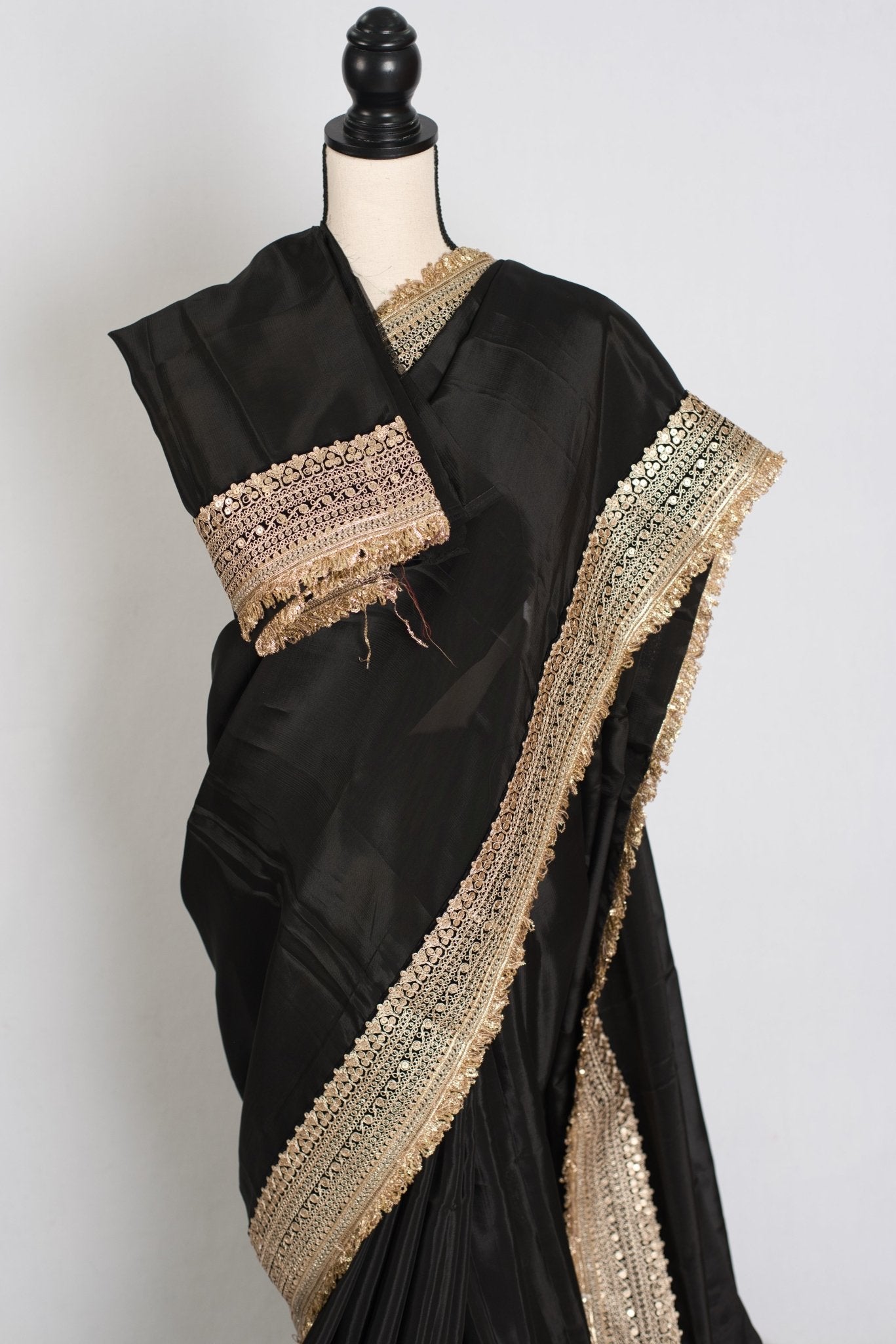 Arifa : Designer Semi Satin Black Partywear Saree with Patched Gold Border - Saree Mandi