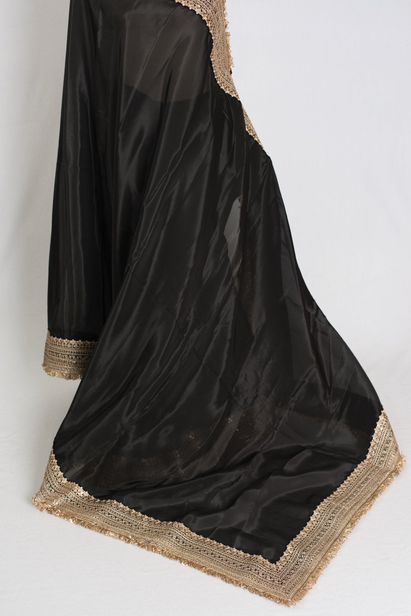 Arifa : Designer Semi Satin Black Partywear Saree with Patched Gold Border - Saree Mandi