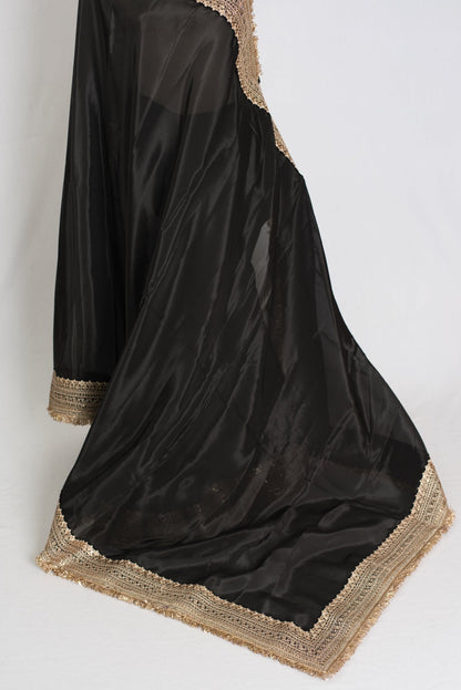 Arifa : Designer Semi Satin Black Partywear Saree with Patched Gold Border - Saree Mandi