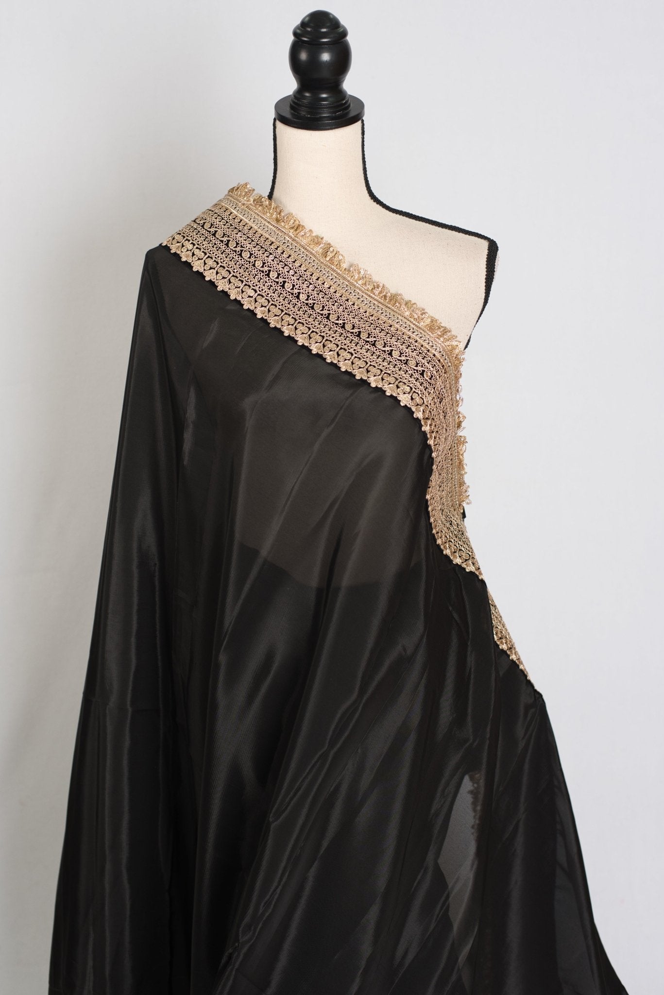 Arifa : Designer Semi Satin Black Partywear Saree with Patched Gold Border - Saree Mandi