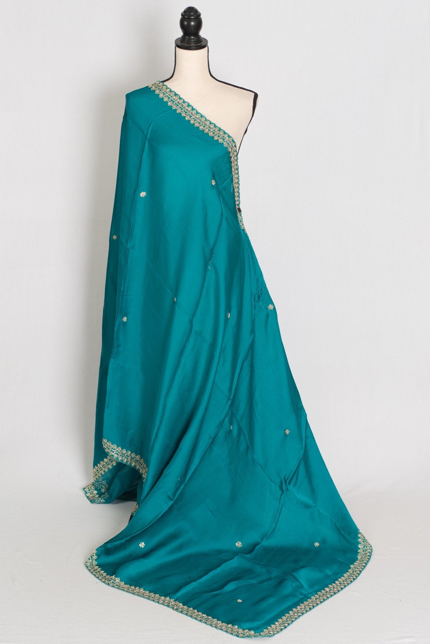 Arifa: Rama Green Satin Saree with Zardosi Work | Size 38 Blouse - Saree Mandi