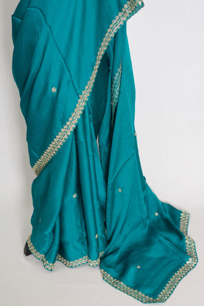 Arifa: Rama Green Satin Saree with Zardosi Work | Size 38 Blouse - Saree Mandi