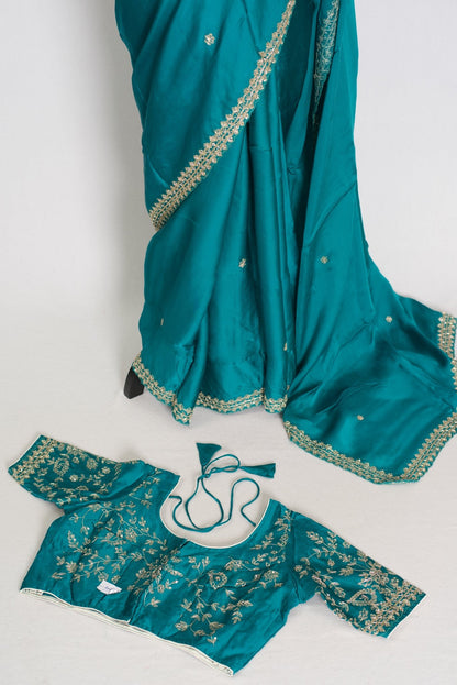 Arifa: Rama Green Satin Saree with Zardosi Work | Size 38 Blouse - Saree Mandi